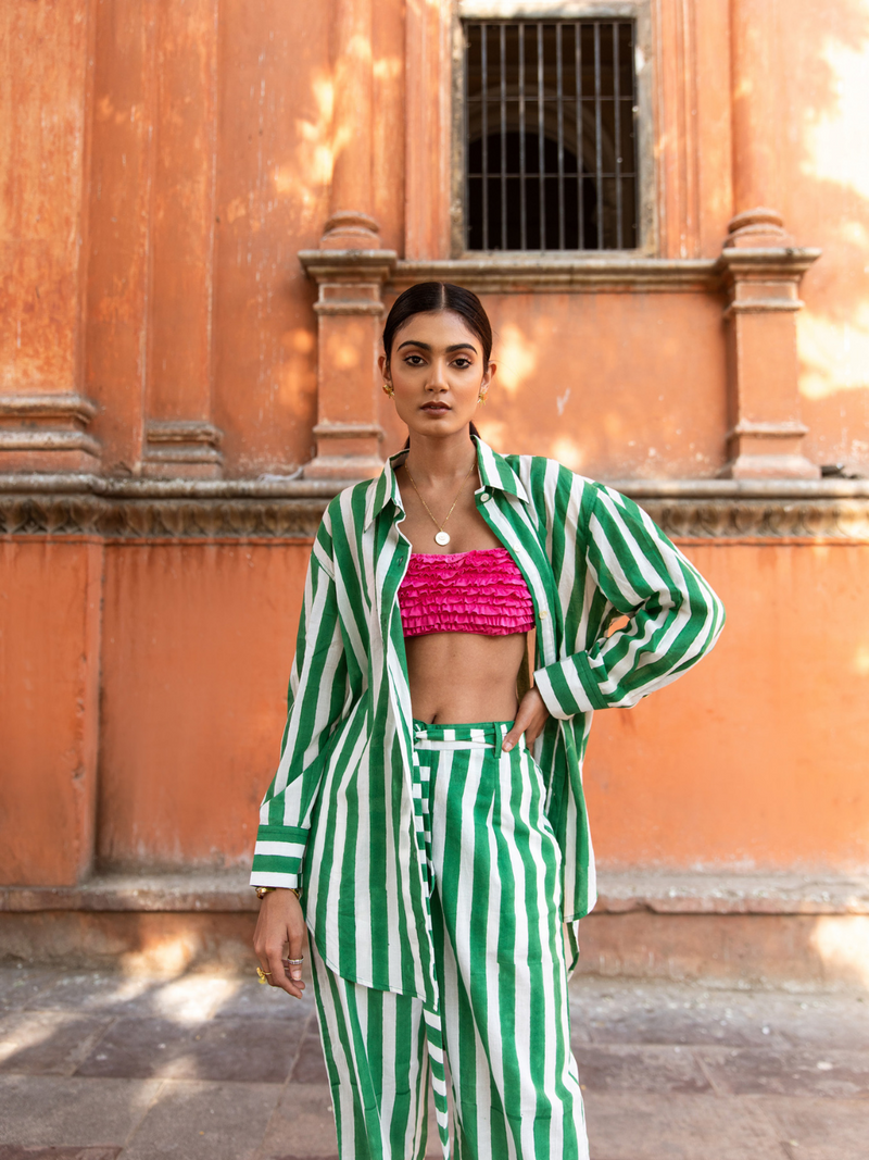 Envy In Green Stripes Co-Ord Set - Striped Cotton Co-Ord Set cotton Co-ord Set by Marche in green color for women Worldwide