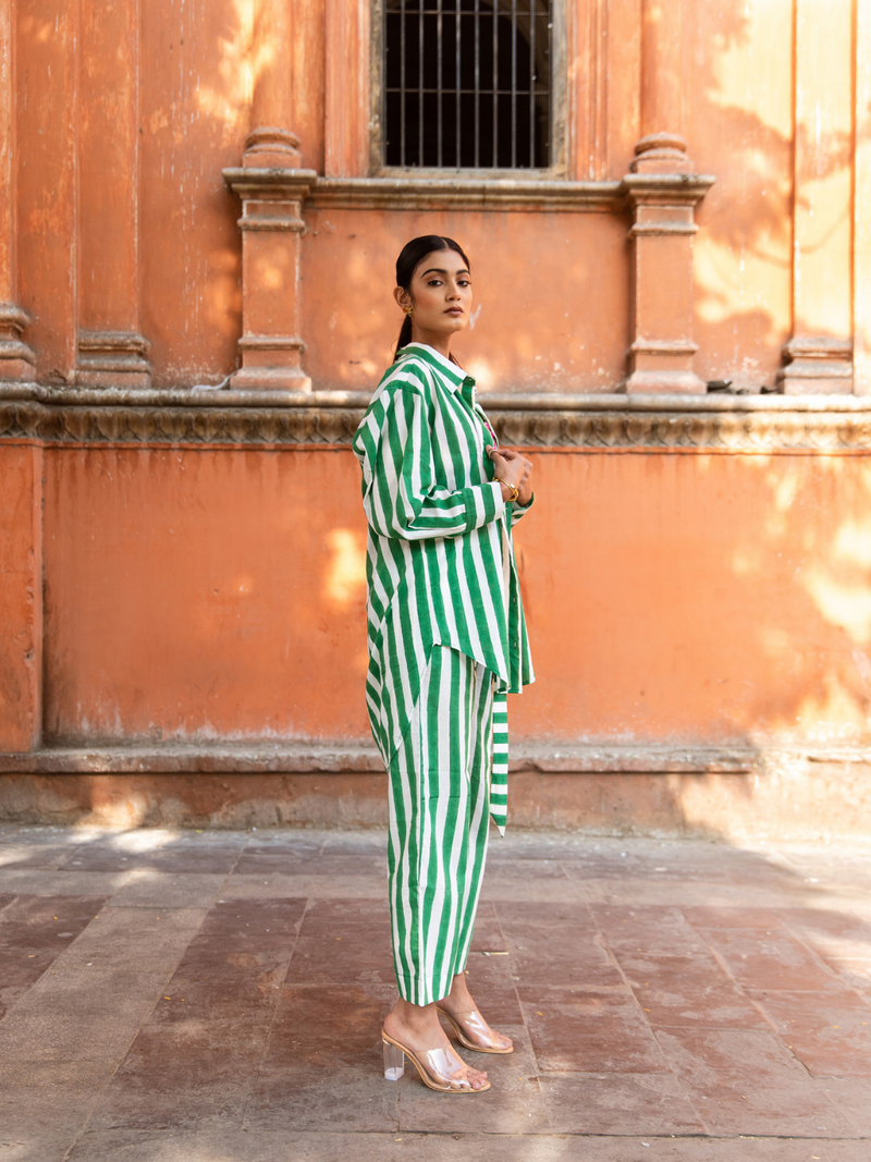 Envy In Green Stripes Co-Ord Set - Striped Cotton Co-Ord Set cotton Co-ord Set by Marche in green color for women Worldwide