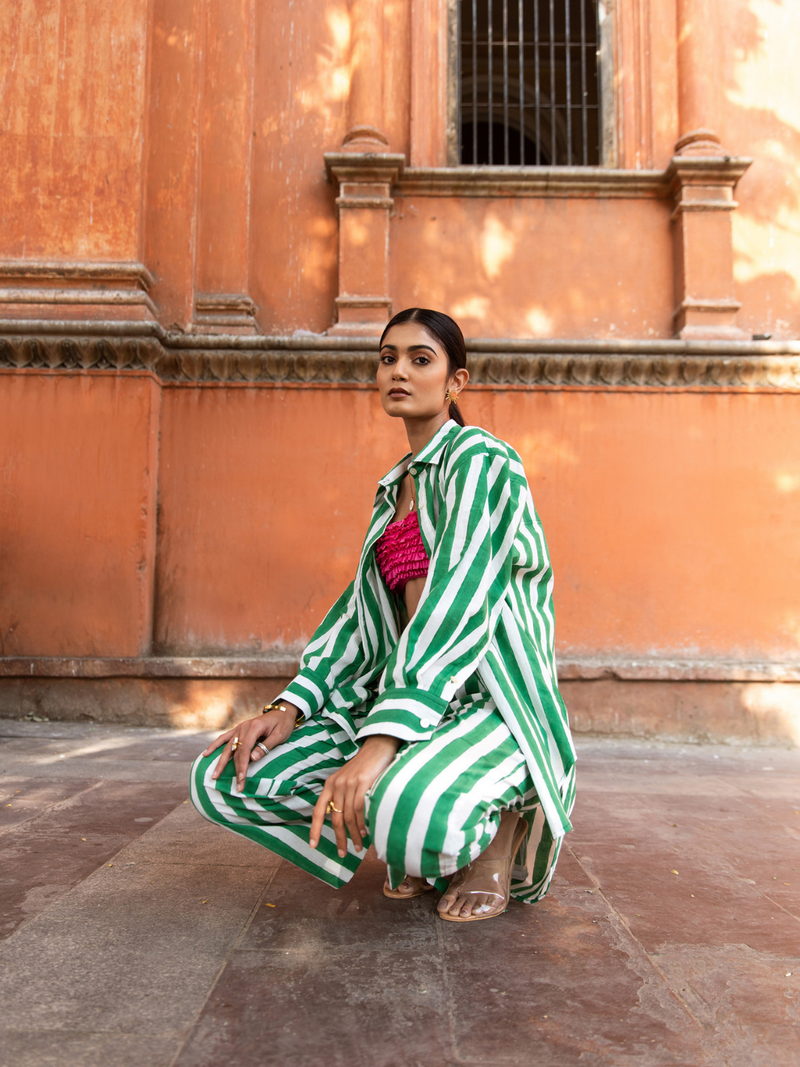 Envy In Green Stripes Co-Ord Set - Striped Cotton Co-Ord Set cotton Co-ord Set by Marche in green color for women Worldwide