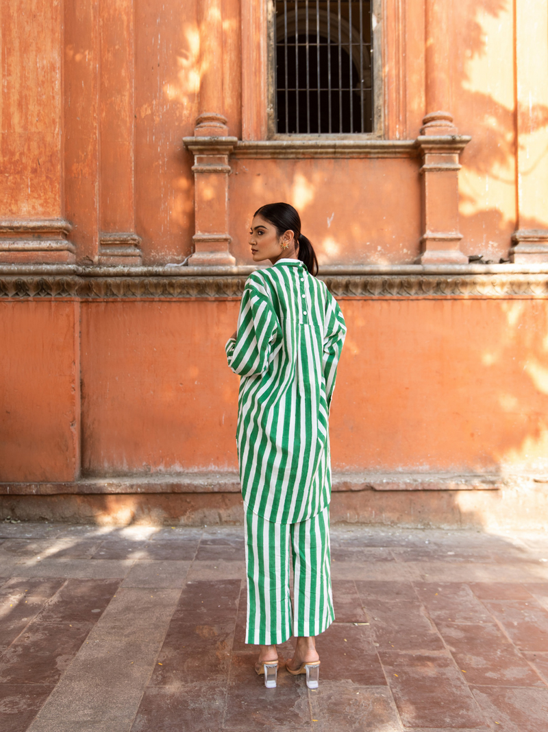 Envy In Green Stripes Co-Ord Set - Striped Cotton Co-Ord Set cotton Co-ord Set by Marche in green color for women Worldwide