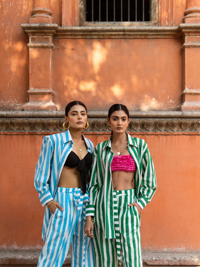 Envy In Green Stripes Co-Ord Set - Striped Cotton Co-Ord Set cotton Co-ord Set by Marche in green color for women Worldwide