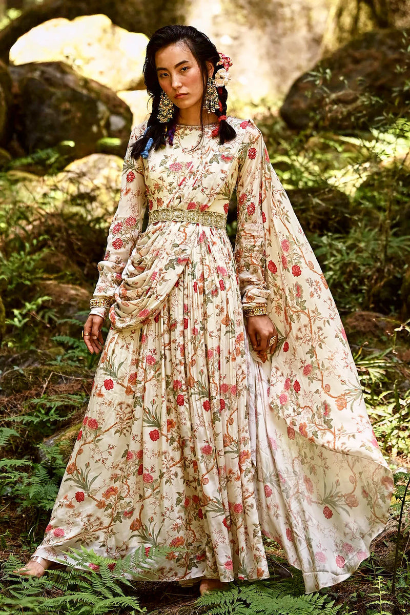 Maria Draped Anarkali Set crepe by Paulmi & Harsh-kahan Sep'26 in off white for women Worldwide