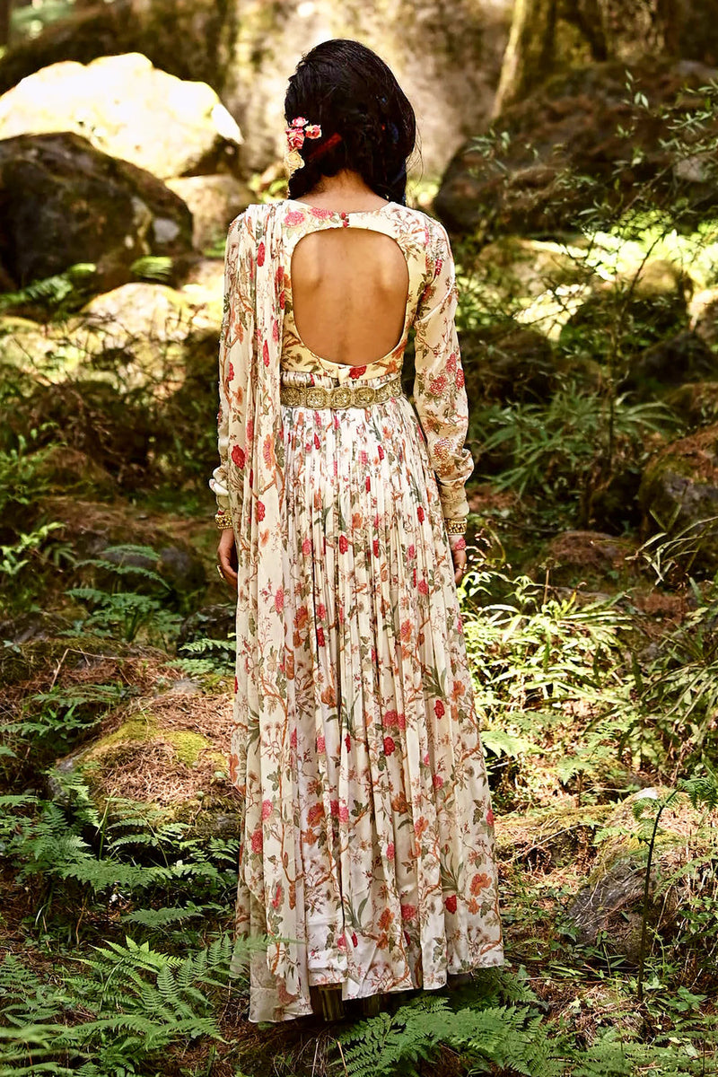 Maria Draped Anarkali Set crepe by Paulmi & Harsh-kahan Sep'26 in off white for women Worldwide