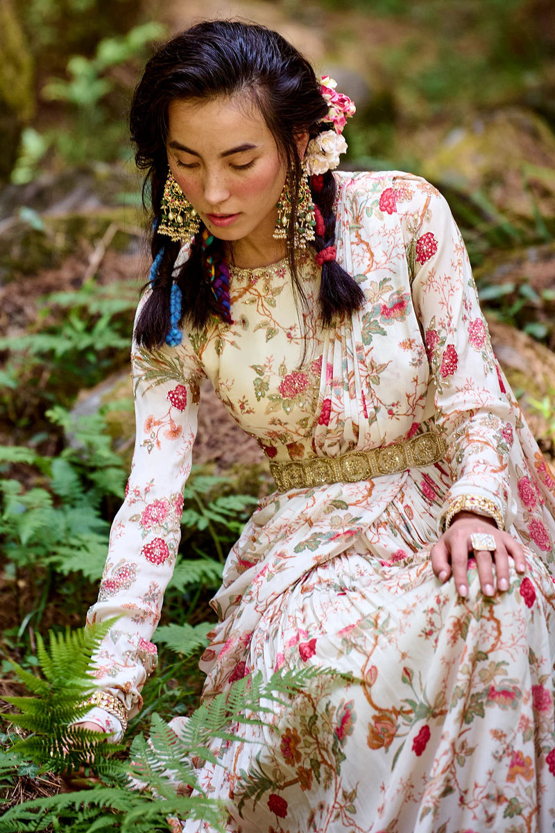 Maria Draped Anarkali Set crepe by Paulmi & Harsh-kahan Sep'26 in off white for women Worldwide