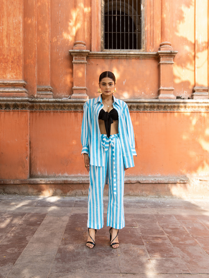 Oh Beach Stripes Co-Ord Set - Striped Cotton Co-Ord Set cotton Co-ord Set by Marche in blue color for women Worldwide
