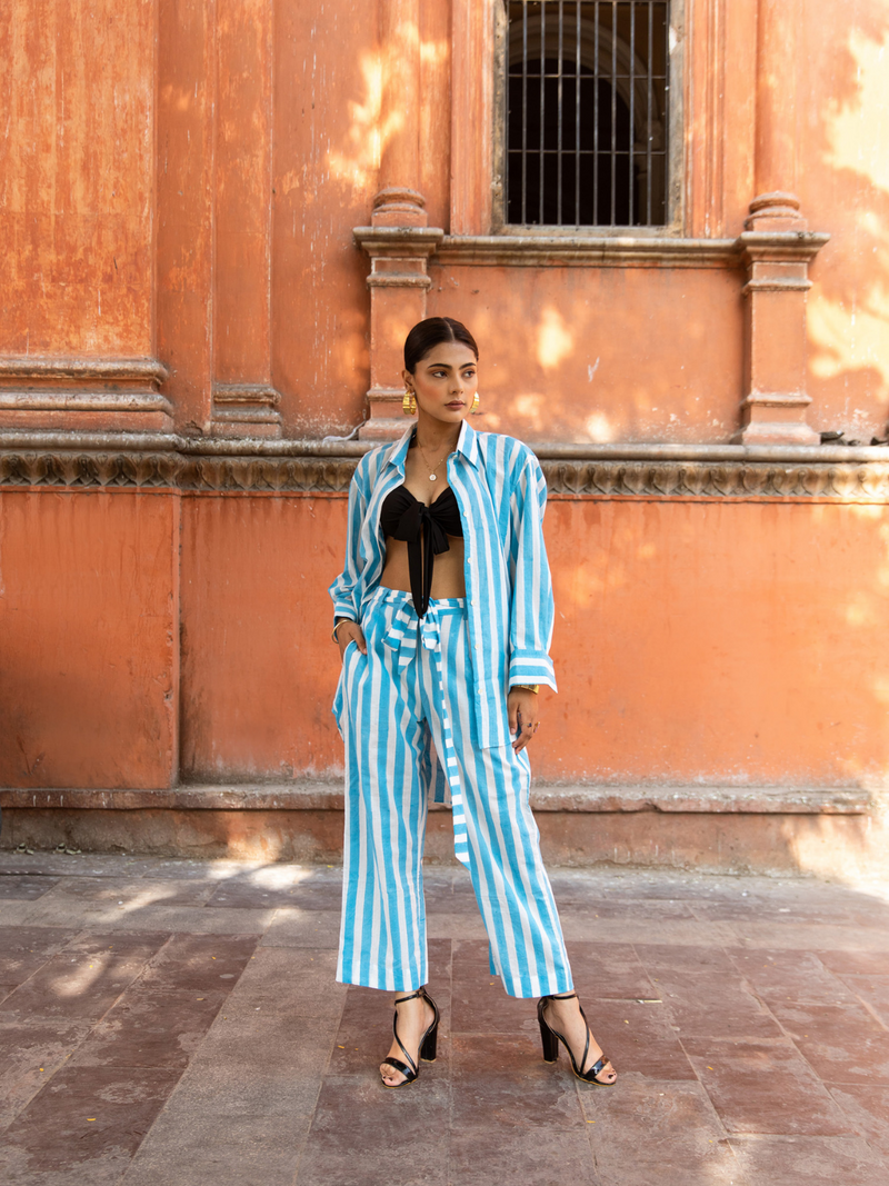 Oh Beach Stripes Co-Ord Set - Striped Cotton Co-Ord Set cotton Co-ord Set by Marche in blue color for women Worldwide