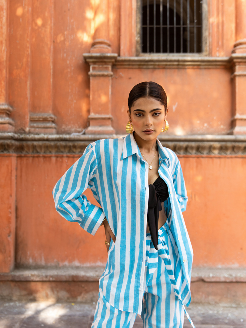 Oh Beach Stripes Co-Ord Set - Striped Cotton Co-Ord Set cotton Co-ord Set by Marche in blue color for women Worldwide