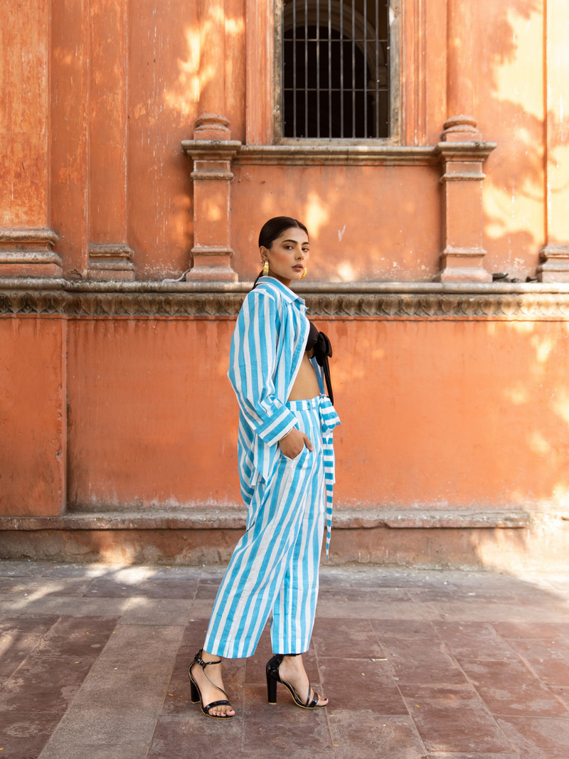 Oh Beach Stripes Co-Ord Set - Striped Cotton Co-Ord Set cotton Co-ord Set by Marche in blue color for women Worldwide