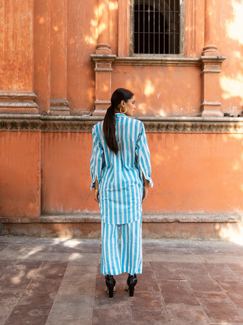 Oh Beach Stripes Co-Ord Set - Striped Cotton Co-Ord Set cotton Co-ord Set by Marche in blue color for women Worldwide