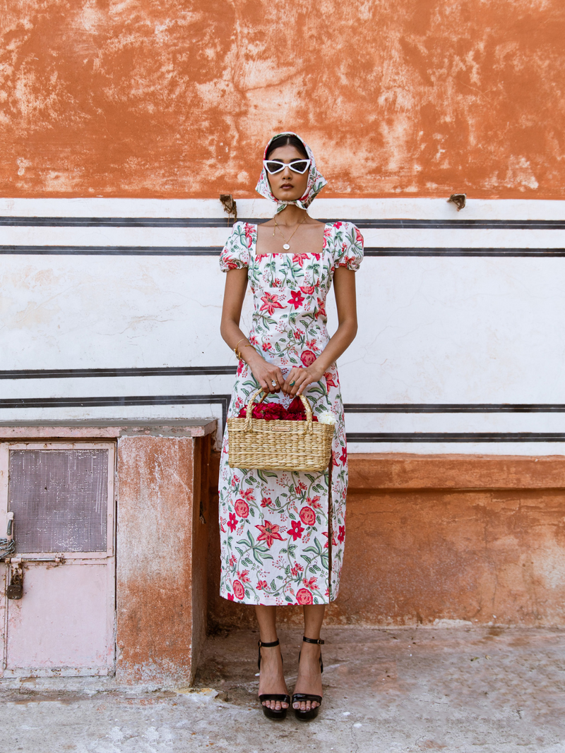 Raspberry & Rose Midi Dress - Off Shoulder Printed Cotton Midi Dress cotton Dress by Marche in white color for women Worldwide