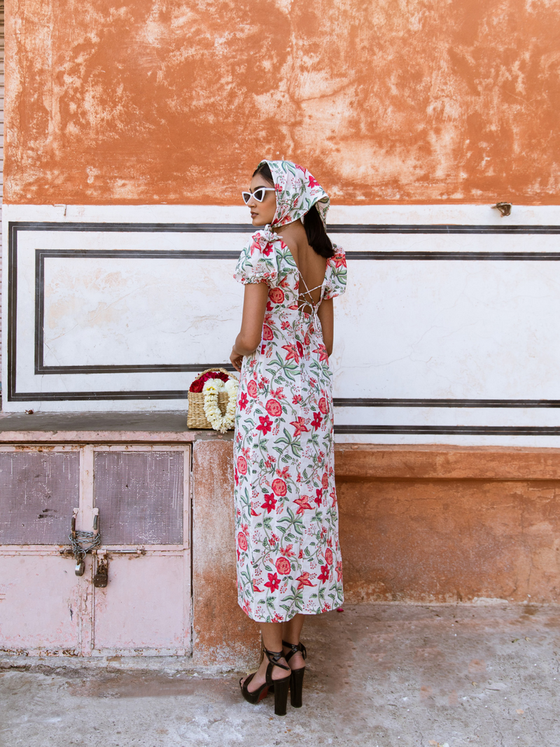 Raspberry & Rose Midi Dress - Off Shoulder Printed Cotton Midi Dress cotton Dress by Marche in white color for women Worldwide