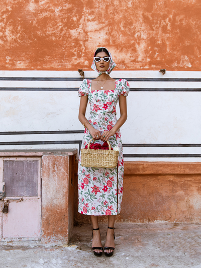 Raspberry & Rose Midi Dress  - Off Shoulder Printed Cotton Midi Dress