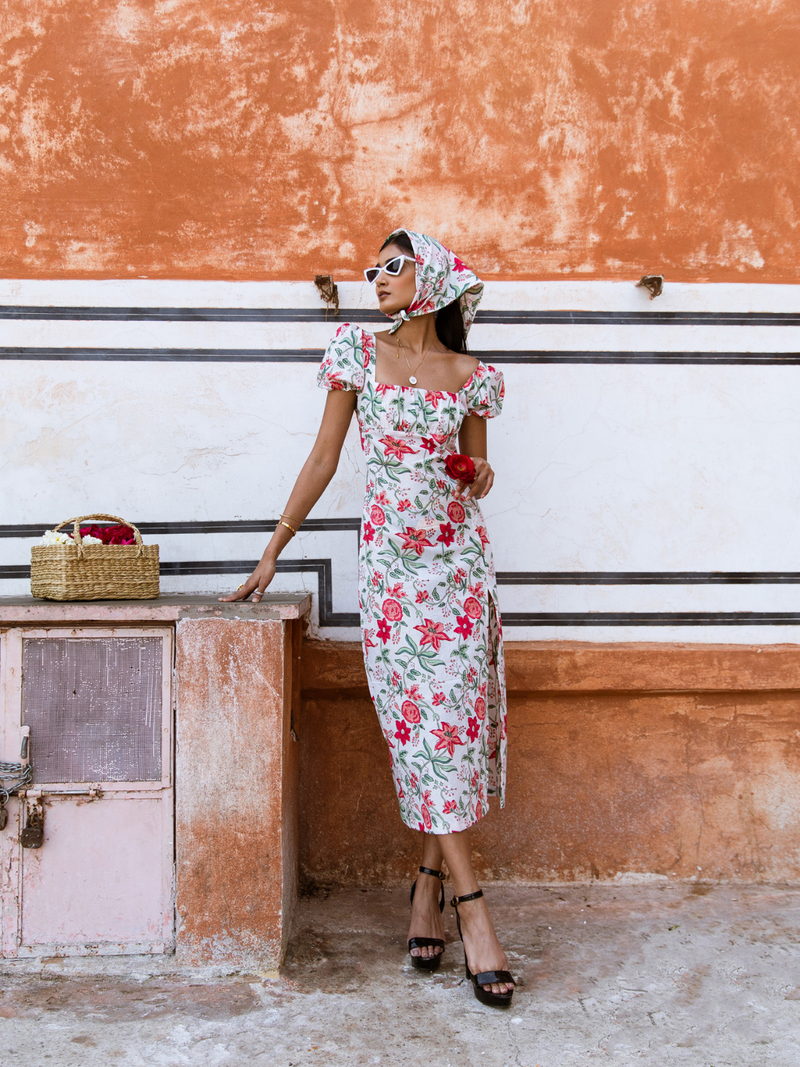Raspberry & Rose Midi Dress - Off Shoulder Printed Cotton Midi Dress cotton Dress by Marche in white color for women Worldwide