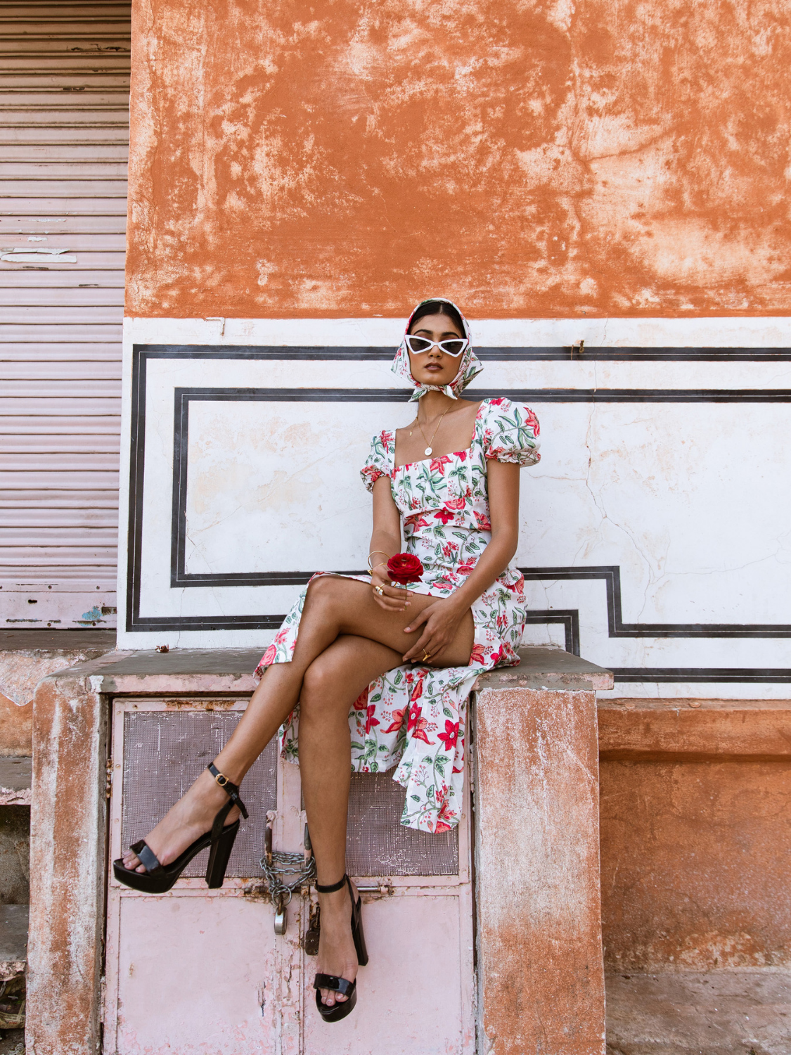 Raspberry & Rose Midi Dress  - Off Shoulder Printed Cotton Midi Dress