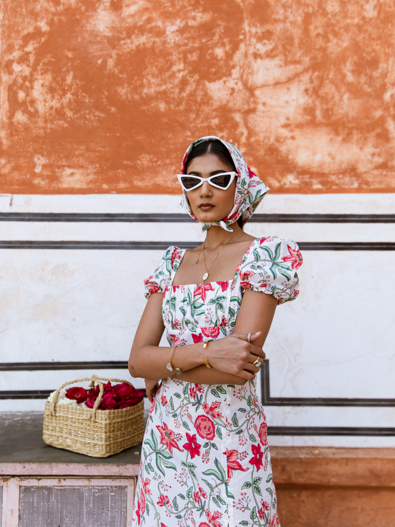 Raspberry & Rose Midi Dress - Off Shoulder Printed Cotton Midi Dress cotton Dress by Marche in white color for women Worldwide