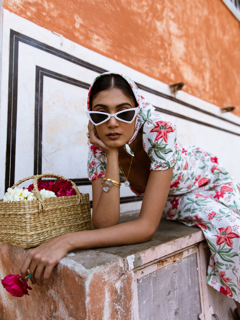 Raspberry & Rose Midi Dress - Off Shoulder Printed Cotton Midi Dress cotton Dress by Marche in white color for women Worldwide