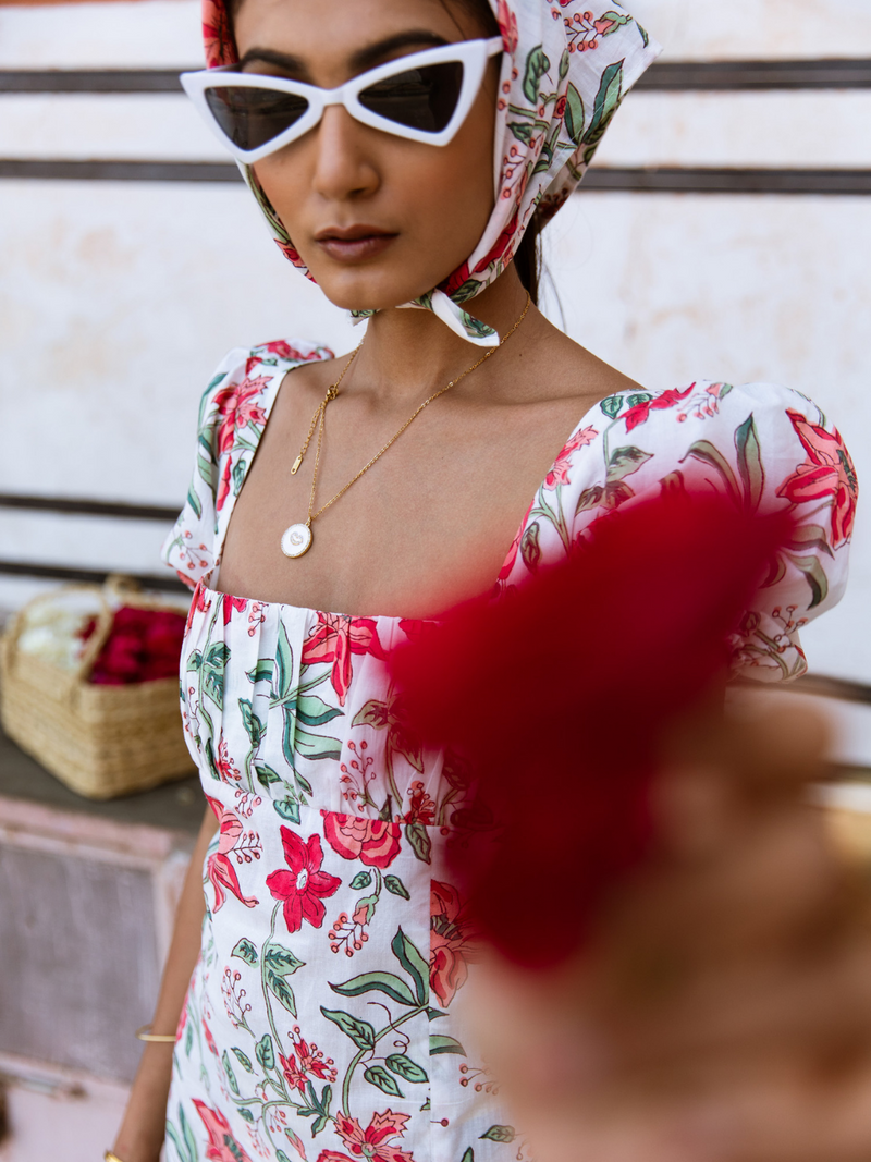 Raspberry & Rose Midi Dress - Off Shoulder Printed Cotton Midi Dress cotton Dress by Marche in white color for women Worldwide