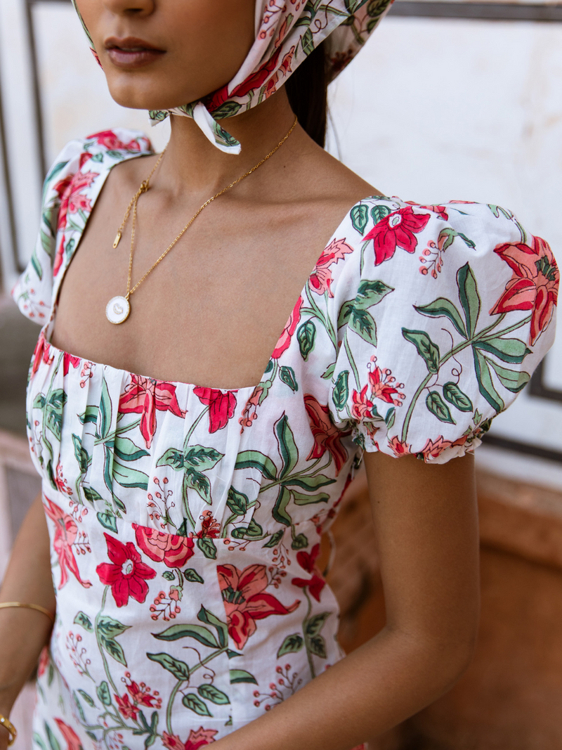 Raspberry & Rose Midi Dress - Off Shoulder Printed Cotton Midi Dress cotton Dress by Marche in white color for women Worldwide