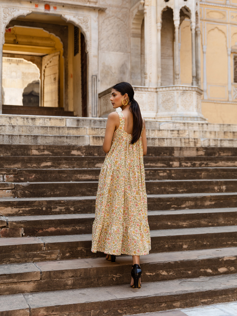Margarita Dress - Printed Cotton Tiered Midi Dress cotton Dress by Marche in green color for women Worldwide