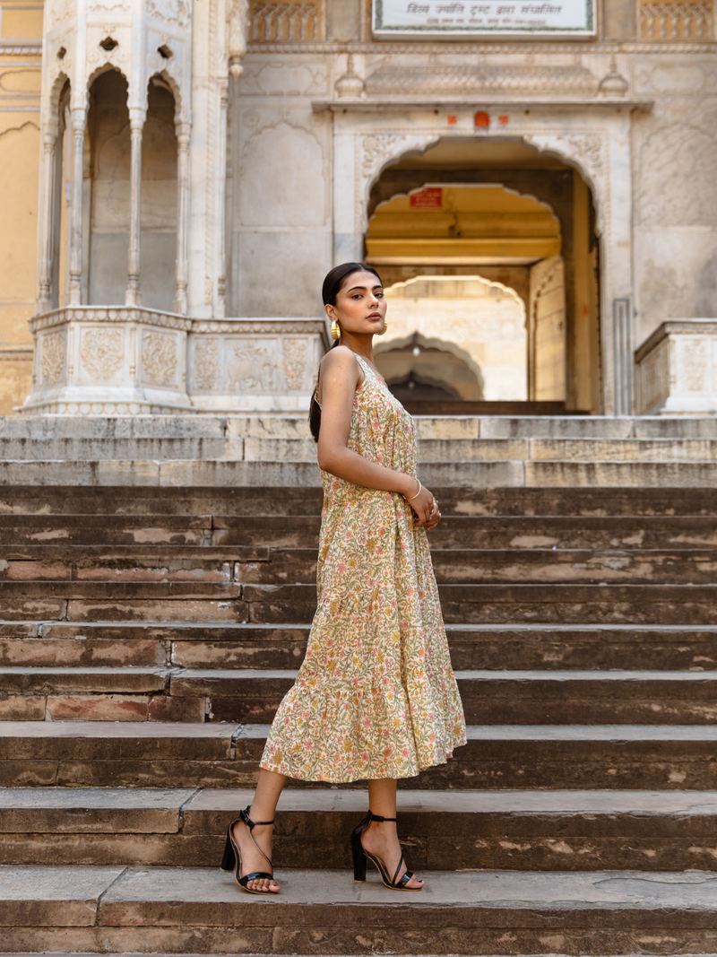Margarita Dress - Printed Cotton Tiered Midi Dress cotton Dress by Marche in green color for women Worldwide