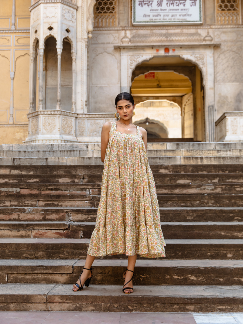 Margarita Dress - Printed Cotton Tiered Midi Dress cotton Dress by Marche in green color for women Worldwide
