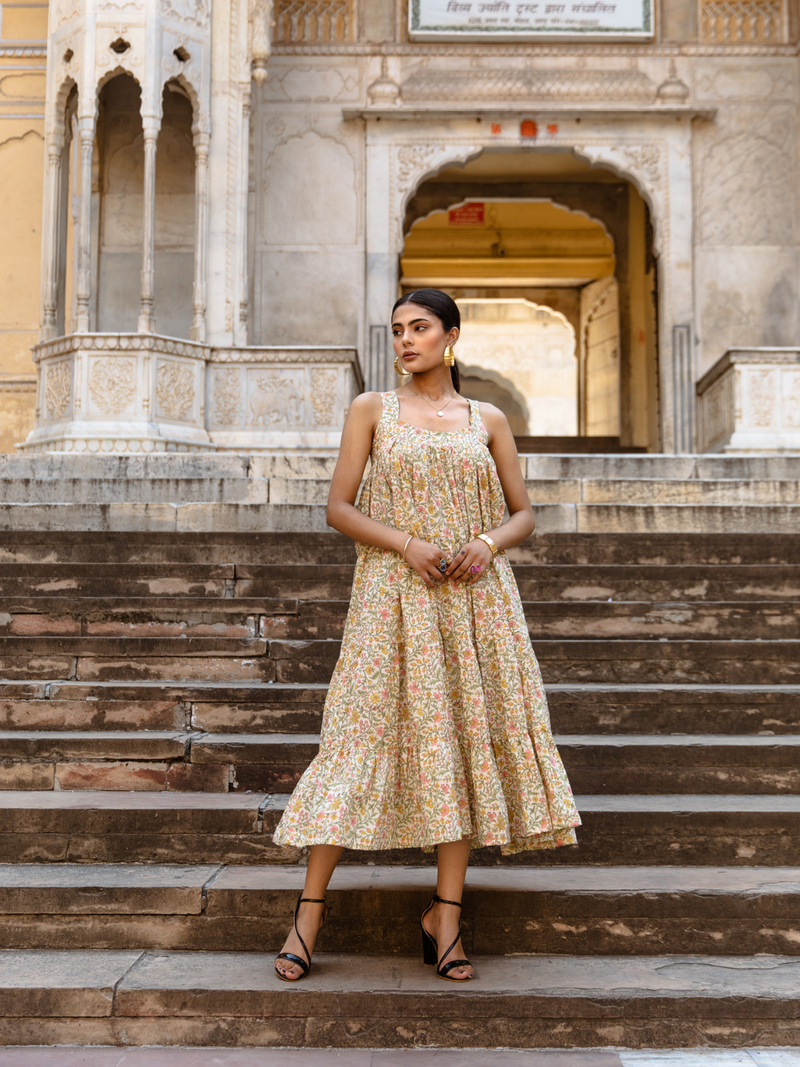 Margarita Dress - Printed Cotton Tiered Midi Dress cotton Dress by Marche in green color for women Worldwide
