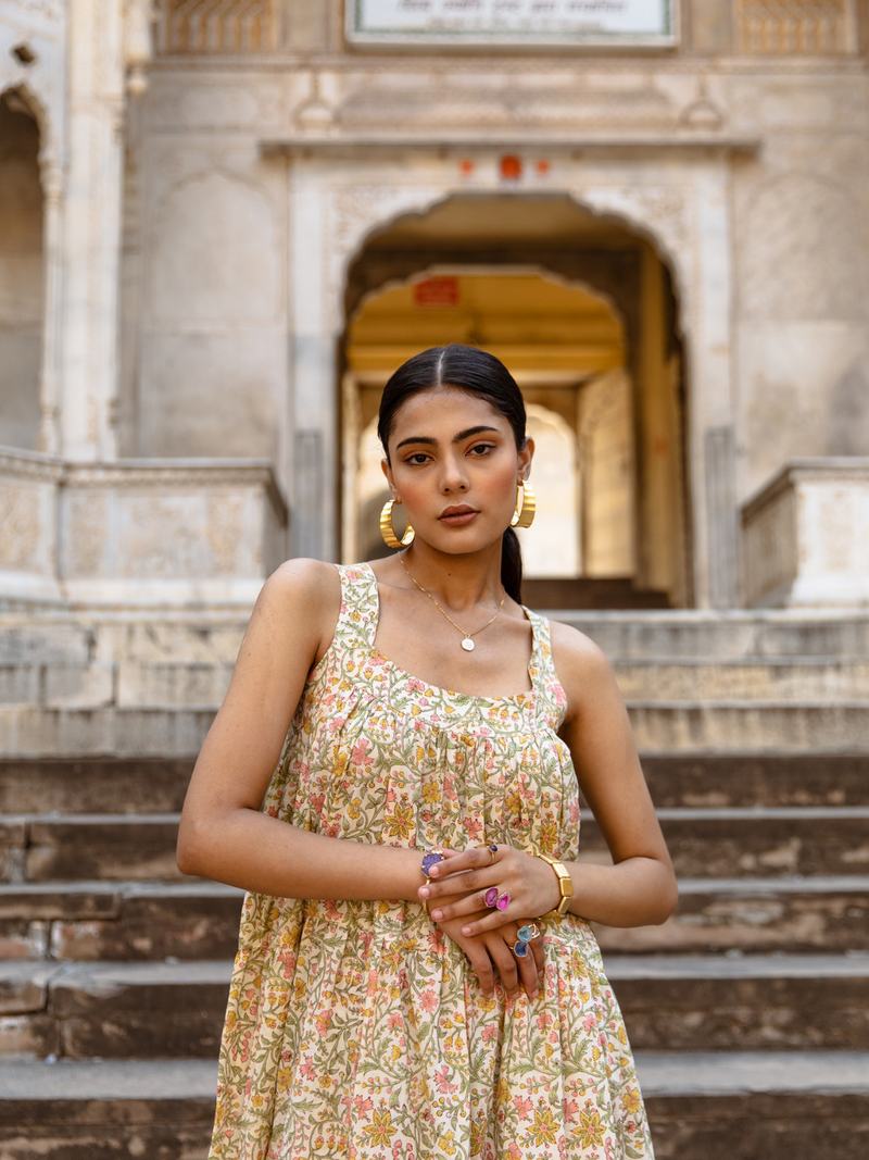Margarita Dress - Printed Cotton Tiered Midi Dress cotton Dress by Marche in green color for women Worldwide