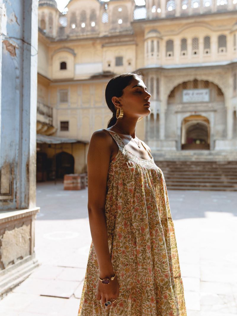 Margarita Dress - Printed Cotton Tiered Midi Dress cotton Dress by Marche in green color for women Worldwide