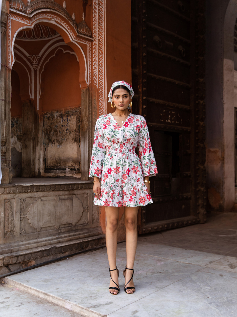Raspberry & Ros�� Pink Summer Dress - Printed Cotton Mini Dress cotton Dress by Marche in white color for women Worldwide