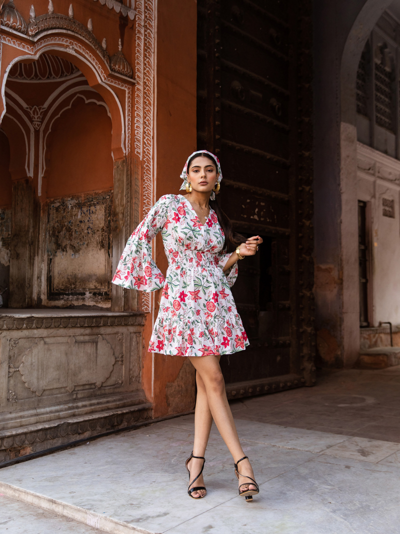 Raspberry & Ros�� Pink Summer Dress - Printed Cotton Mini Dress cotton Dress by Marche in white color for women Worldwide