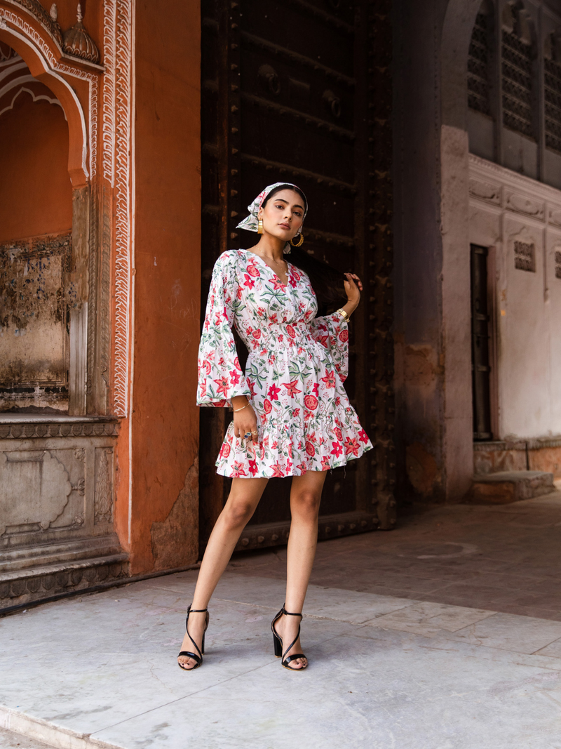 Raspberry & Ros�� Pink Summer Dress - Printed Cotton Mini Dress cotton Dress by Marche in white color for women Worldwide