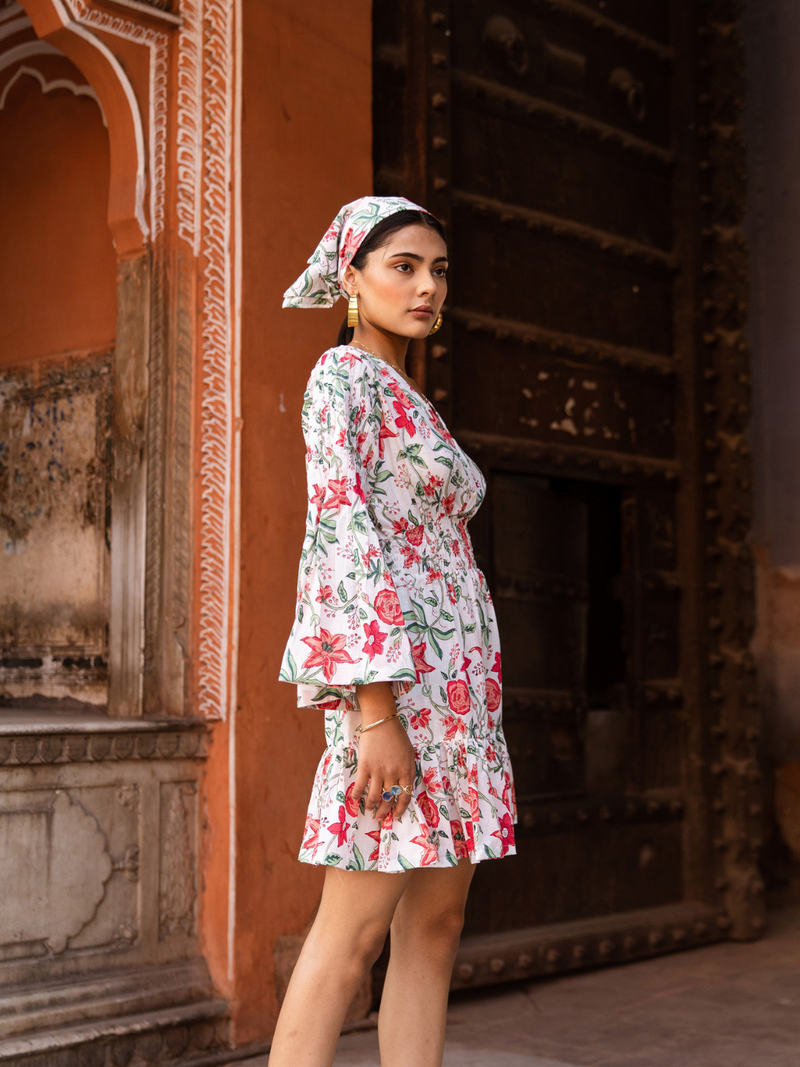 Raspberry & Ros�� Pink Summer Dress - Printed Cotton Mini Dress cotton Dress by Marche in white color for women Worldwide
