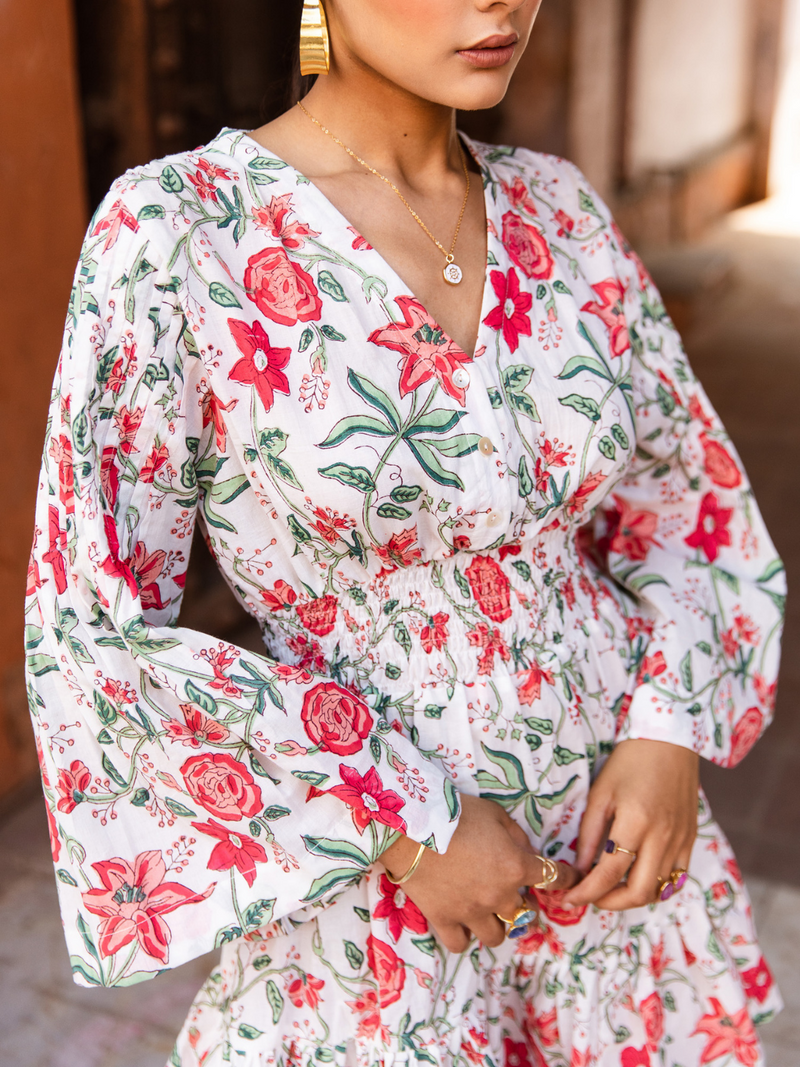 Raspberry & Ros�� Pink Summer Dress - Printed Cotton Mini Dress cotton Dress by Marche in white color for women Worldwide
