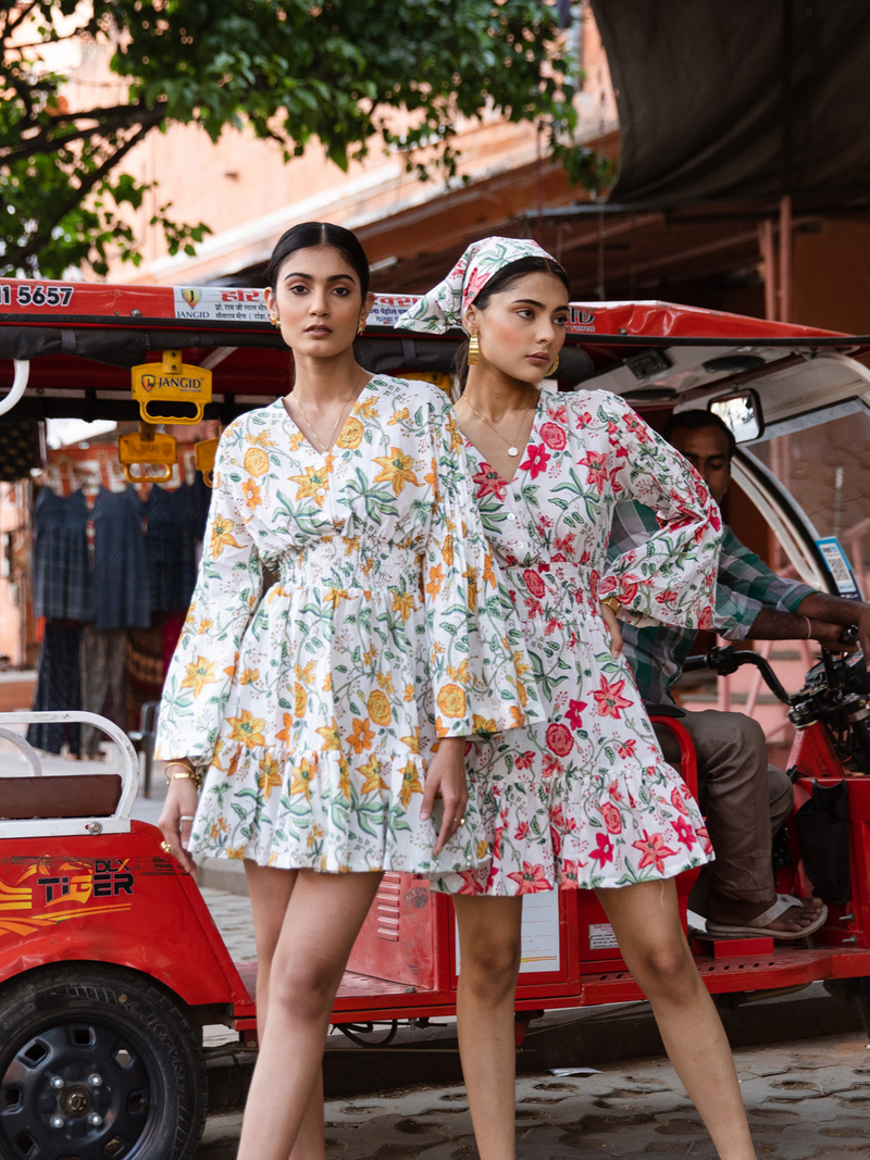 Raspberry & Ros�� Pink Summer Dress - Printed Cotton Mini Dress cotton Dress by Marche in white color for women Worldwide