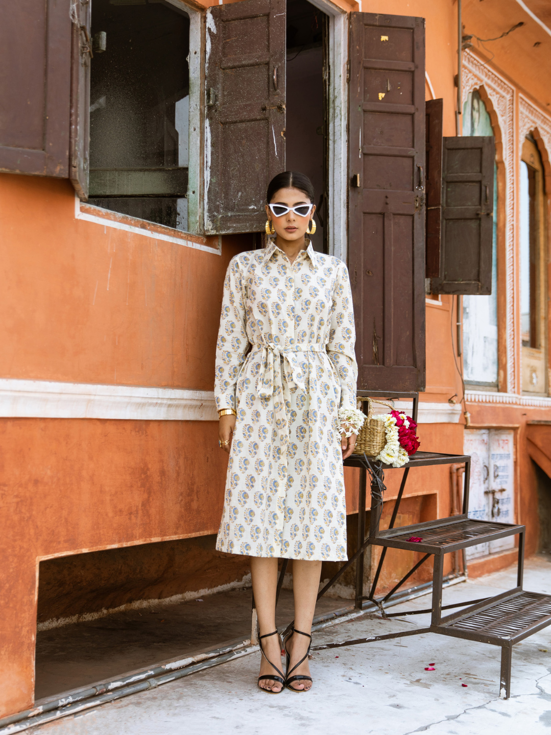 Blue Mamacita Dress- Printed Cotton Midi Shirt Dress