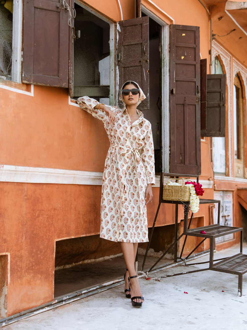 Peach Mamacita Dress - Printed Cotton Midi Shirt Dress cotton Dress by Marche in white color for women Worldwide