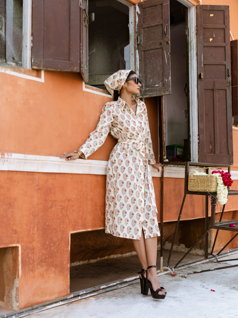 Peach Mamacita Dress - Printed Cotton Midi Shirt Dress cotton Dress by Marche in white color for women Worldwide