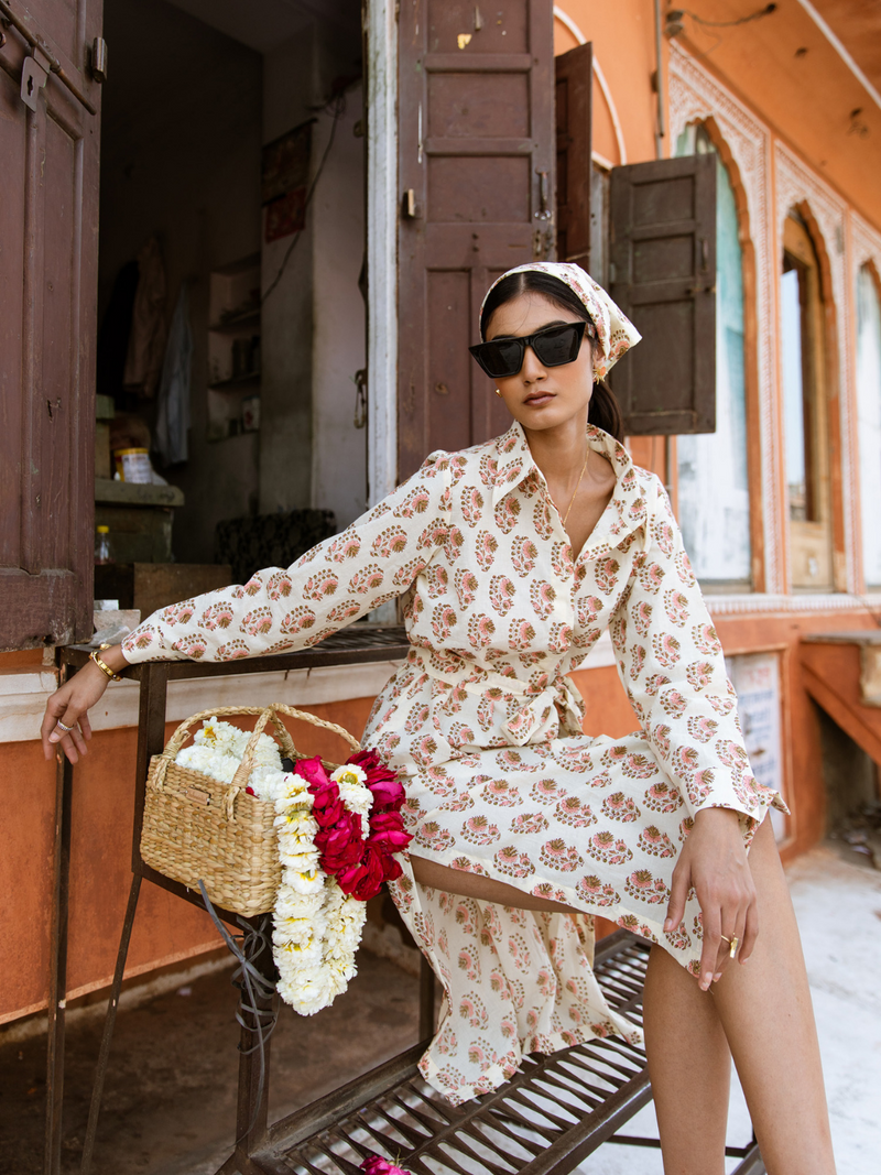 Peach Mamacita Dress - Printed Cotton Midi Shirt Dress cotton Dress by Marche in white color for women Worldwide