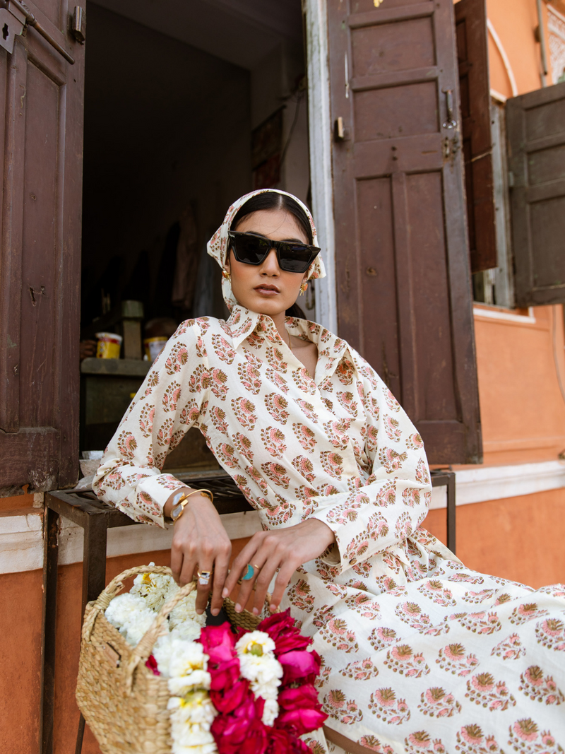 Peach Mamacita Dress - Printed Cotton Midi Shirt Dress cotton Dress by Marche in white color for women Worldwide