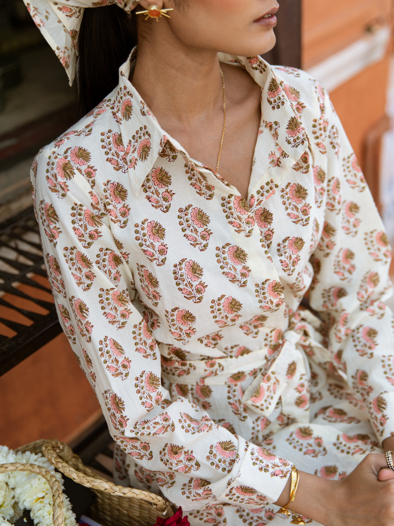 Peach Mamacita Dress - Printed Cotton Midi Shirt Dress cotton Dress by Marche in white color for women Worldwide