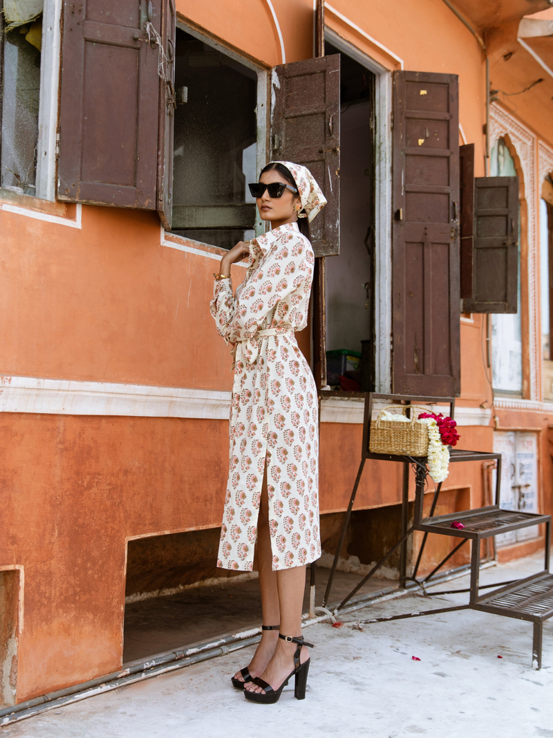 Peach Mamacita Dress - Printed Cotton Midi Shirt Dress cotton Dress by Marche in white color for women Worldwide