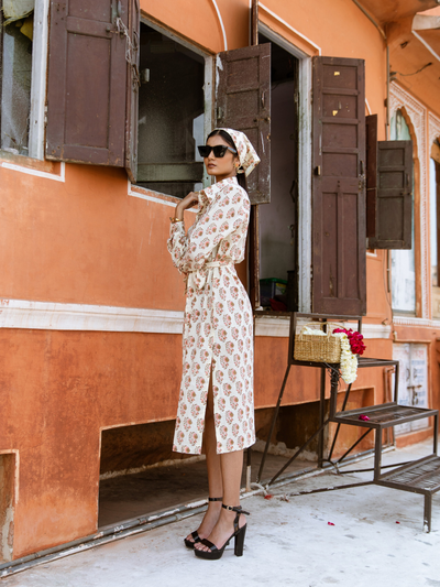 Peach Mamacita Dress - Printed Cotton Midi Shirt Dress