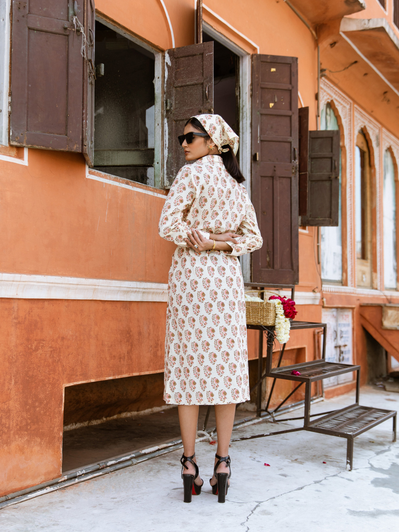 Peach Mamacita Dress - Printed Cotton Midi Shirt Dress cotton Dress by Marche in white color for women Worldwide