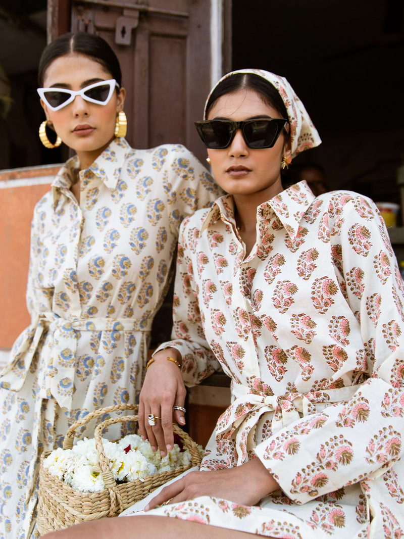 Peach Mamacita Dress - Printed Cotton Midi Shirt Dress cotton Dress by Marche in white color for women Worldwide