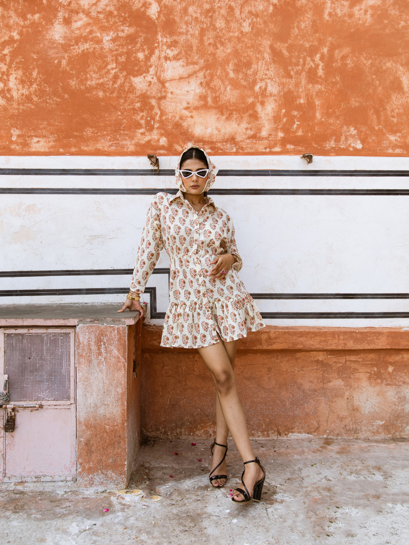 Peach Bon Bon Dress - Printed Cotton Mini Shirt Dress cotton Dress by Marche in white color for women Worldwide