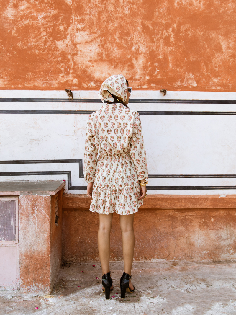 Peach Bon Bon Dress - Printed Cotton Mini Shirt Dress cotton Dress by Marche in white color for women Worldwide