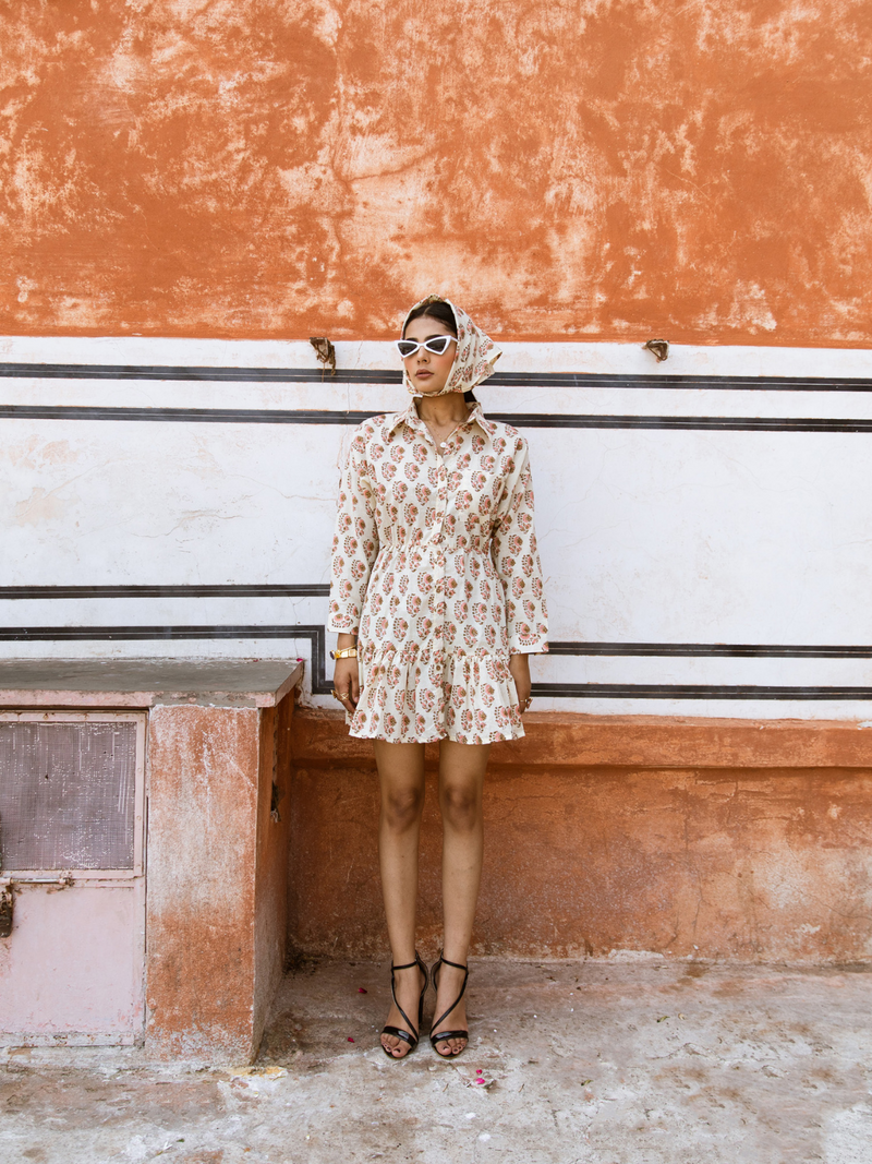 Peach Bon Bon Dress - Printed Cotton Mini Shirt Dress cotton Dress by Marche in white color for women Worldwide