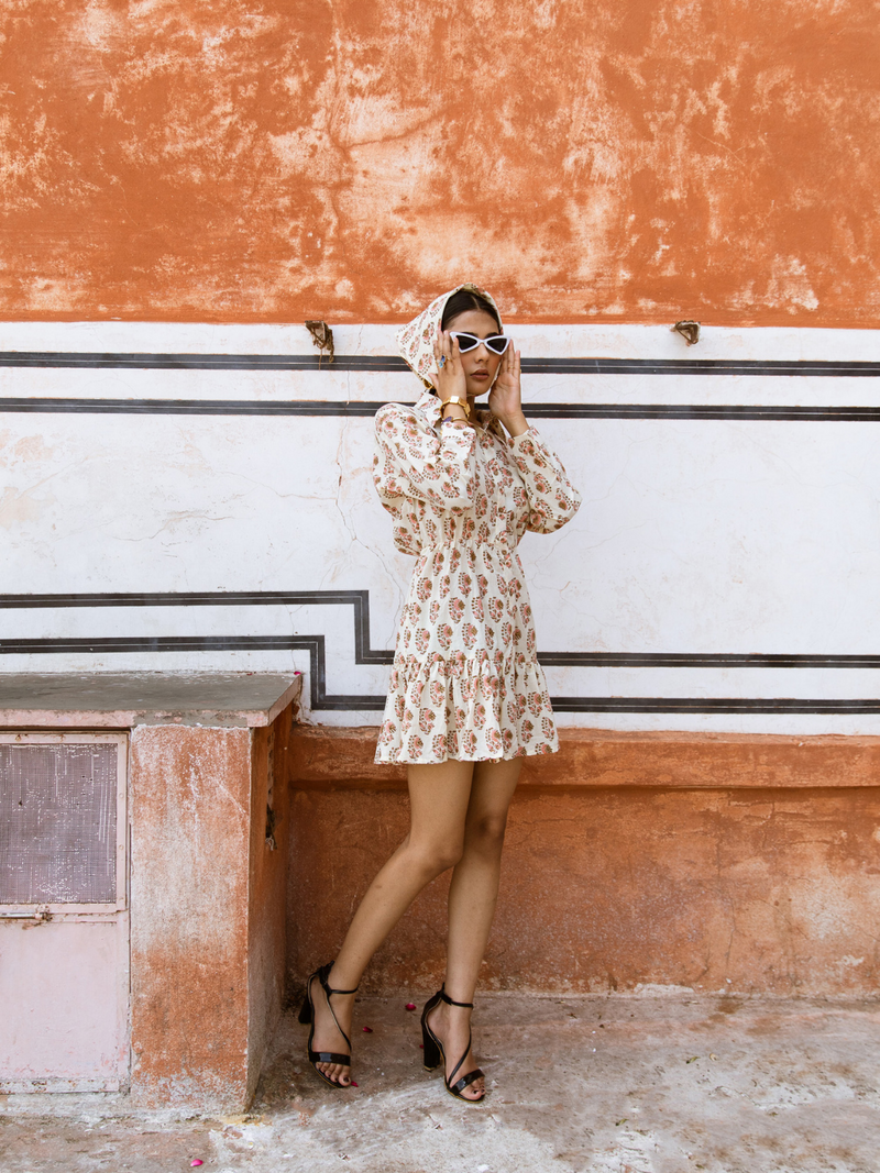 Peach Bon Bon Dress - Printed Cotton Mini Shirt Dress cotton Dress by Marche in white color for women Worldwide