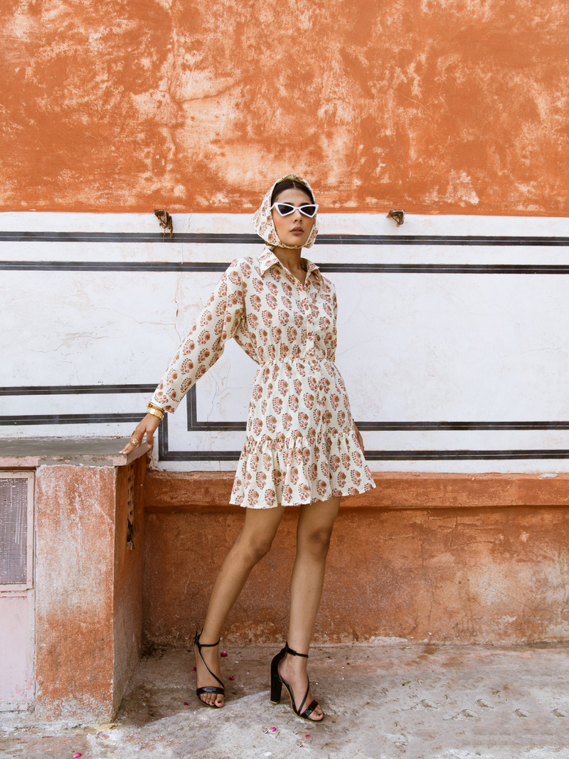 Peach Bon Bon Dress - Printed Cotton Mini Shirt Dress cotton Dress by Marche in white color for women Worldwide