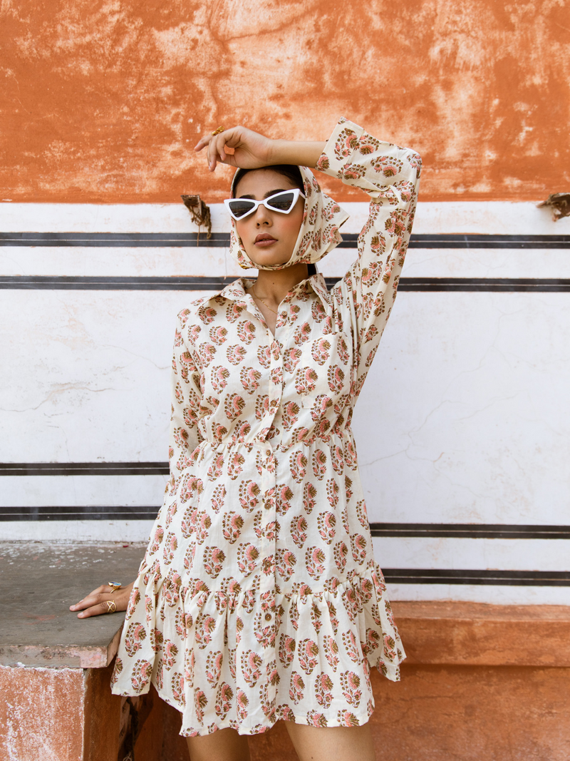 Peach Bon Bon Dress - Printed Cotton Mini Shirt Dress cotton Dress by Marche in white color for women Worldwide